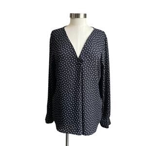 Ann Taylor Long Sleeve V Neck Navy and White Spade Career Blouse Sz Large